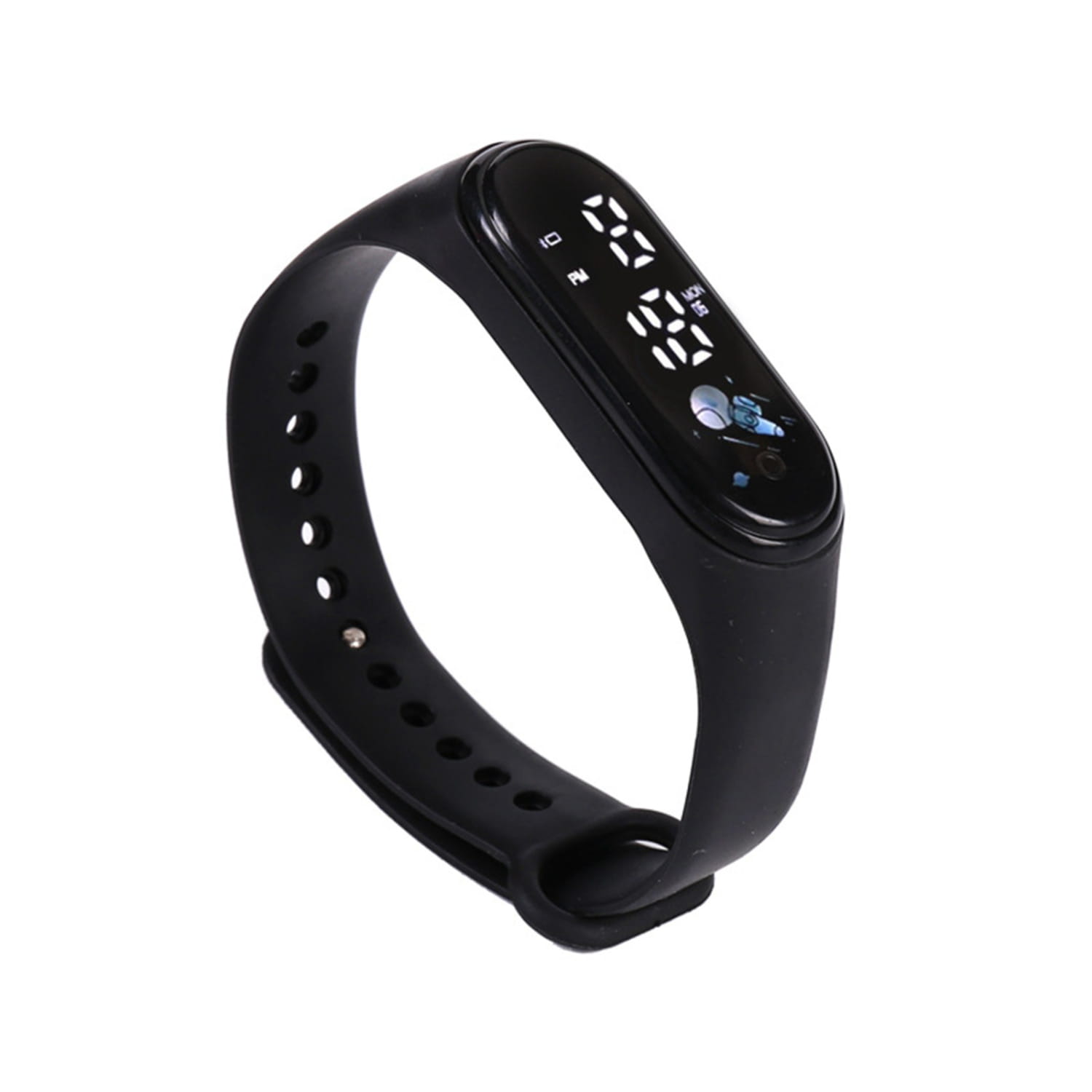 Black silicone kids digital LED sports watch showing time and step count on a digital display