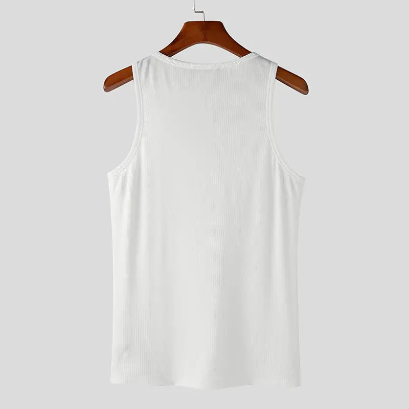 White ribbed knit sleeveless top made of solid color fabric hanging on a wooden hanger suitable for men casual wear in sizes S to 5XL.