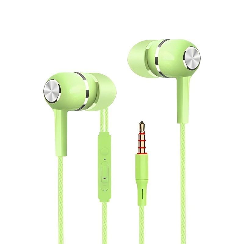 Lindgrüne 3,5-mm-Kabel-In-Ear-Kopfhörer mit Mikrofon mit silberfarbenen metallischen Steuertasten und langlebigem geflochtenem Kabeldesign.