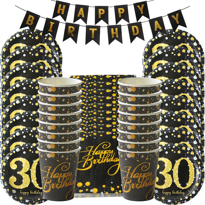 1set 30th 40th 50th 60th Years Old Happy Birthday Disposable Tableware Set Paper Plate Cup Napkin Anniversary Decor Supplies