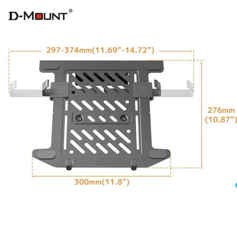 Grau-metallic D-Mount-Laptop-Tischhalterung, Ständer, mit Lamellen-Design und verstellbaren Armen für 10 bis 17 Zoll-Laptops.