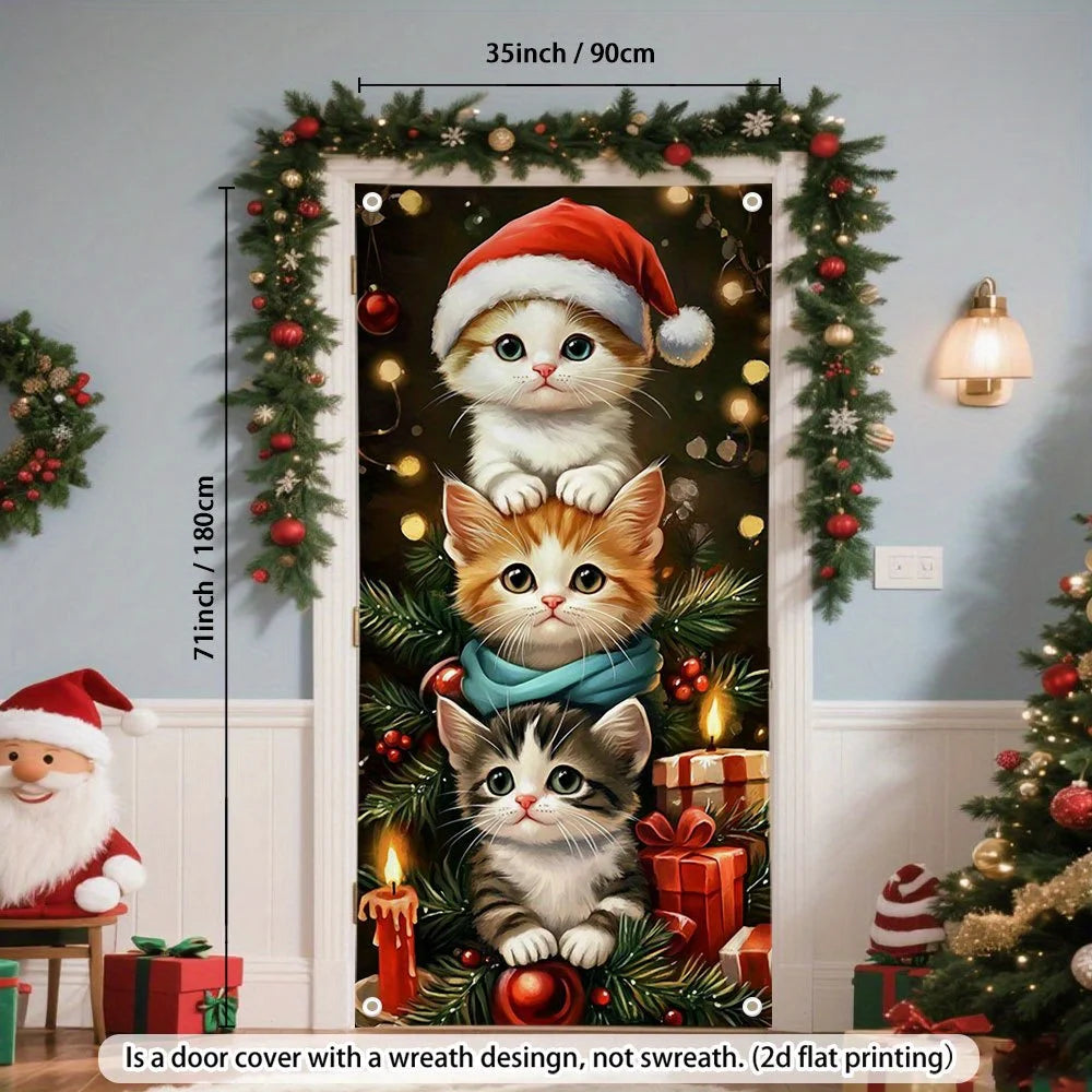 Holiday door decorations featuring cute little cats wearing Christmas hats and garlands are suitable for both homes and offices.