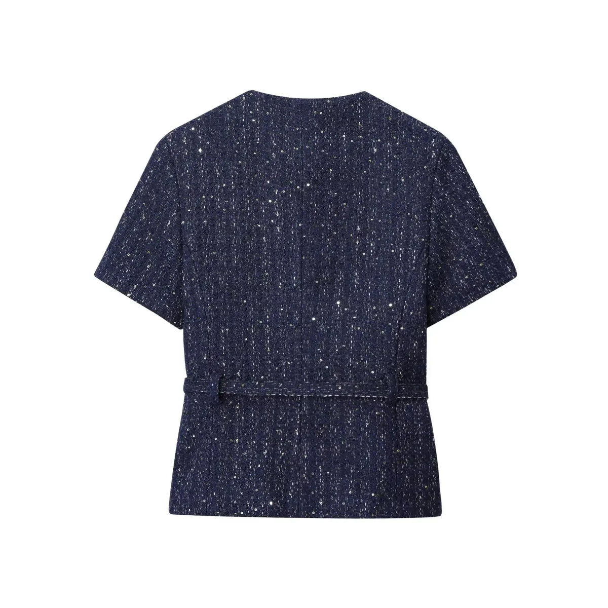 Women 2025 Fashion Blue Tweed Blazer Coat With Belt Female Short Sleeve Outerwear
