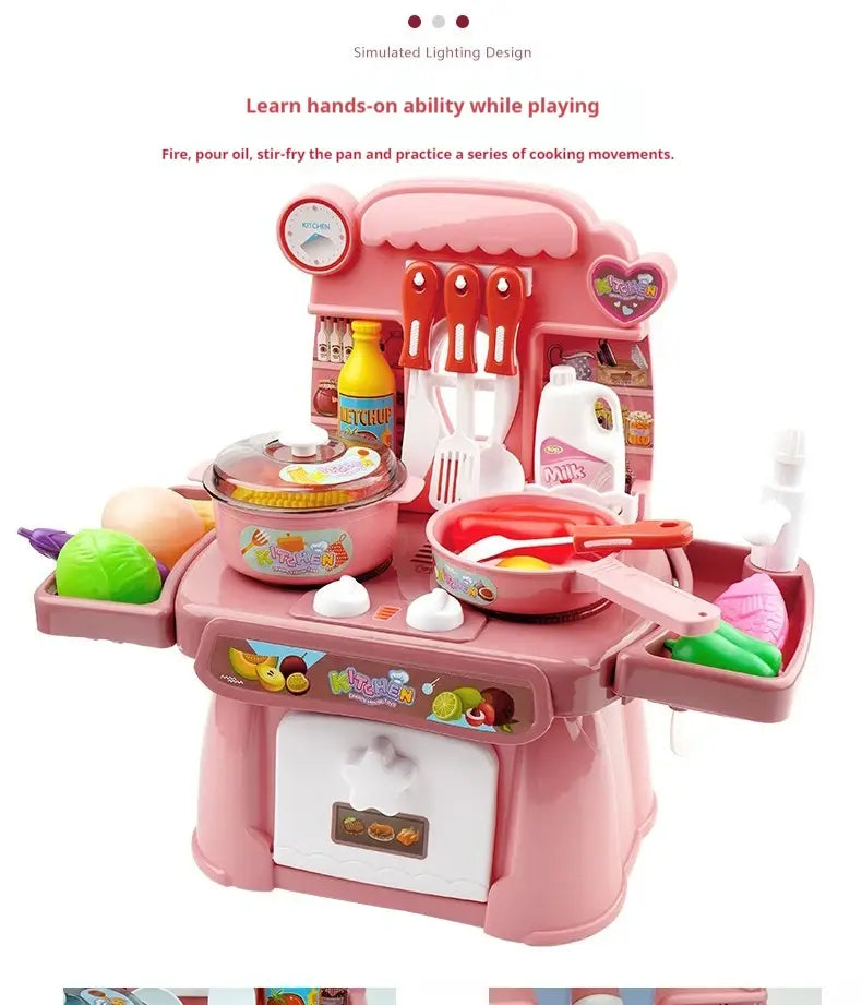 Kinder-Küchenspielset mit Licht- und Soundeffekten mit einer rosa Kunststoff-Spielküche, roten Küchenutensilien und farbenfrohen Lebensmittelzubehörteilen.