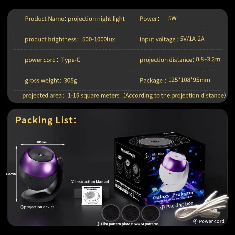 Galaxien-Projektor-Nachtlicht mit Schlafgeräuschen, mit einem eleganten, abgerundeten Design in Violett und Schwarz.