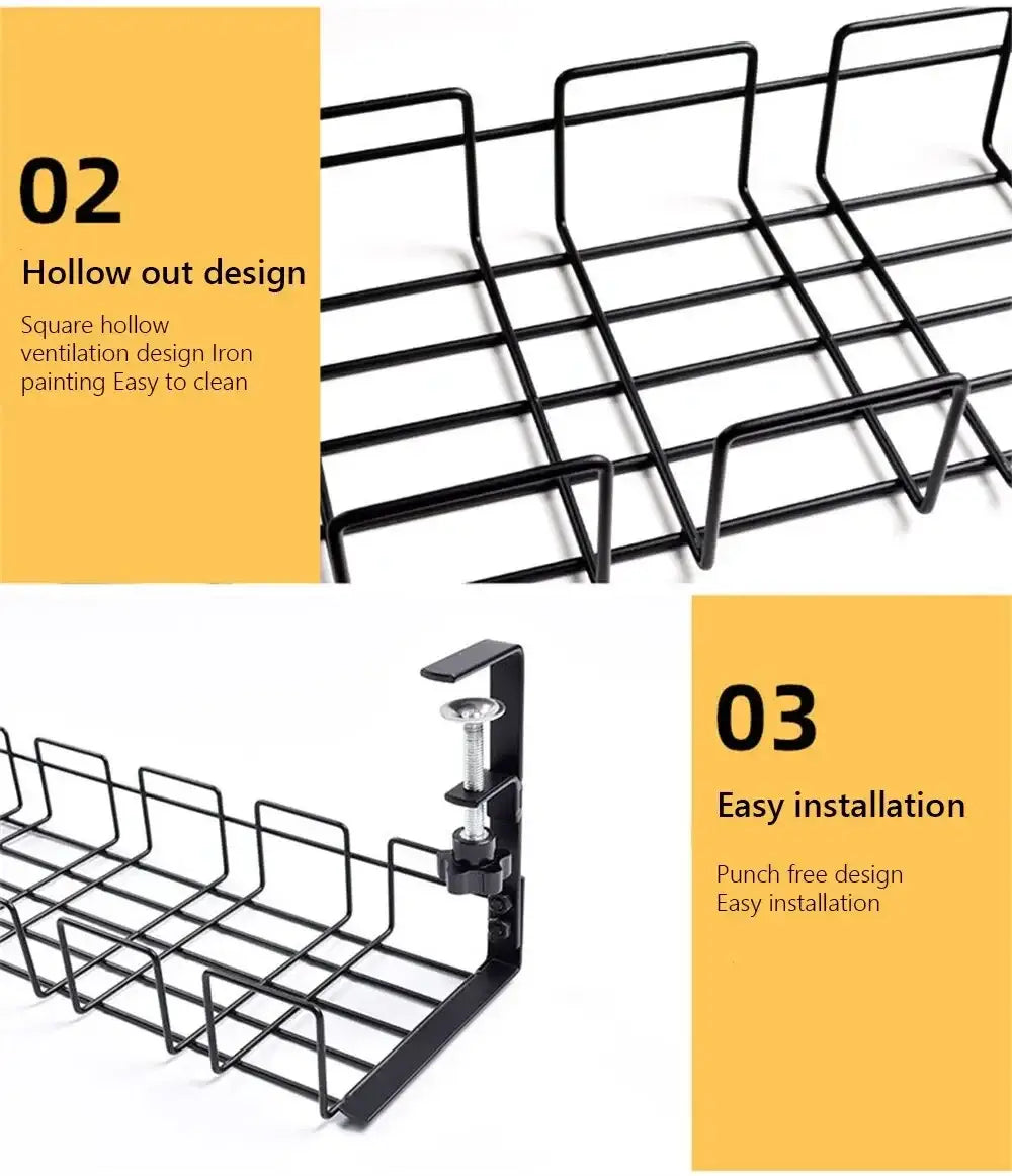 black metal wire shelf under desk cable management tray with hollow-out ventilation design and easy-installation clamp.