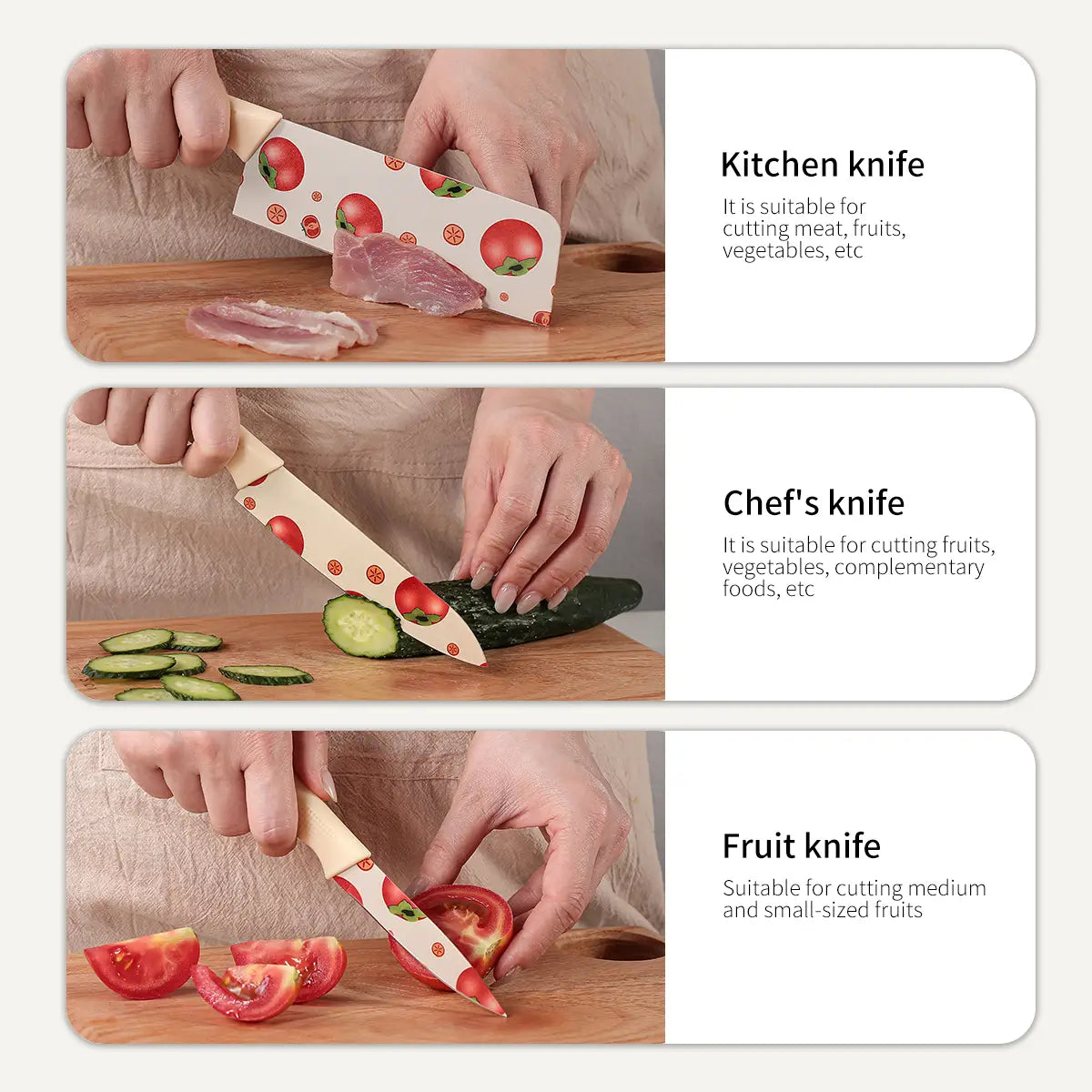 A ceramic kitchen knife set with tomato-patterned blades and wooden handles designed for various cutting tasks.