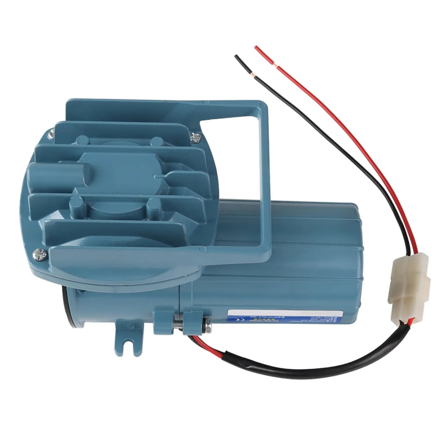 Blue plastic 12v 35w air pump with red and black wires for fish pond and aquarium use.