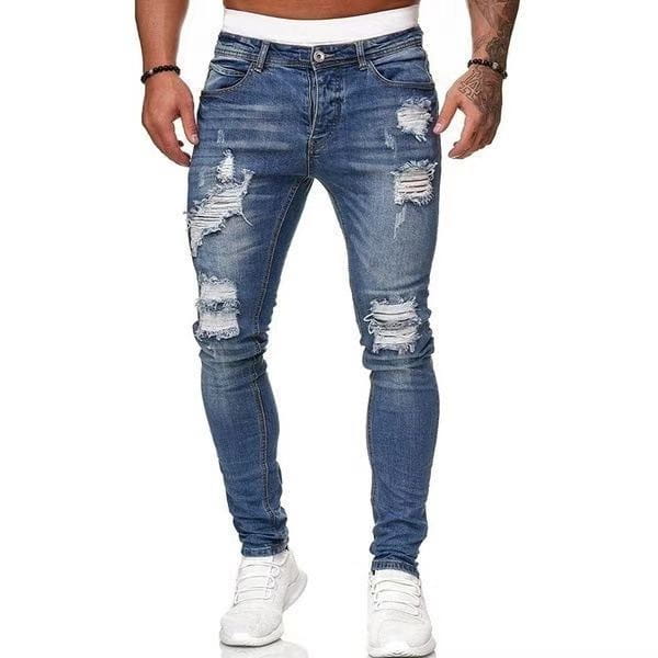 Männer rissen schmale Jeans aus blauem, distressed Denim mit Rissbereichen am Knie und einer schmalen Passform.