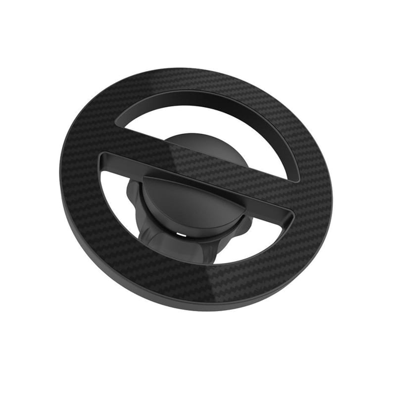 base de support de voiture magnétique Magsafe à texture en fibre de carbone noire, avec tête à rotule de 17 mm et poignée centrale pivotante, présentée depuis le côté arrière