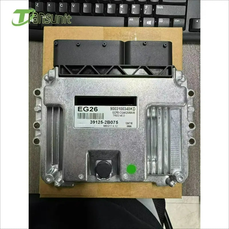Silberfarbene Metall-Steuereinheit für den Motor von Hyundai mit schwarzen Kunststoffsteckverbindern und einem weißen Aufkleber mit Teilenummern 39125-2b075