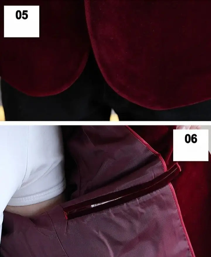 Veste de blazer en velours à coupe slim pour homme, en rouge profond, avec une doublure intérieure assortie en satin et un détail de fermeture éclair.