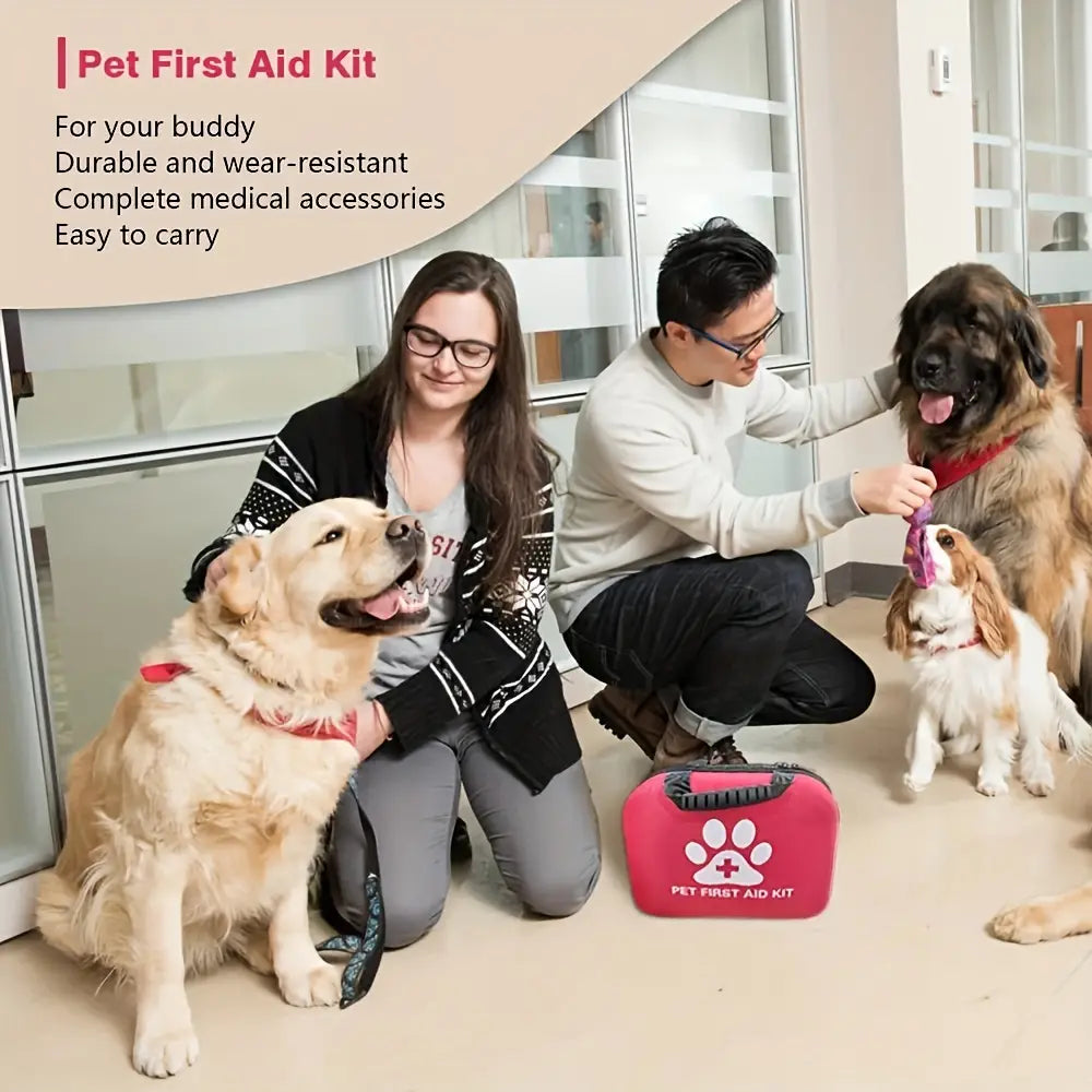 Trousse de premiers secours pour animal rose avec empreinte de patte blanche et symbole croix, comprenant une couverture d’urgence et un bol d’eau en cas d’urgence pour animaux.