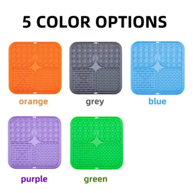 a slow feeder pet lick silicone mat for dogs featuring a textured honeycomb pattern in five vibrant colors orange grey blue purple and green