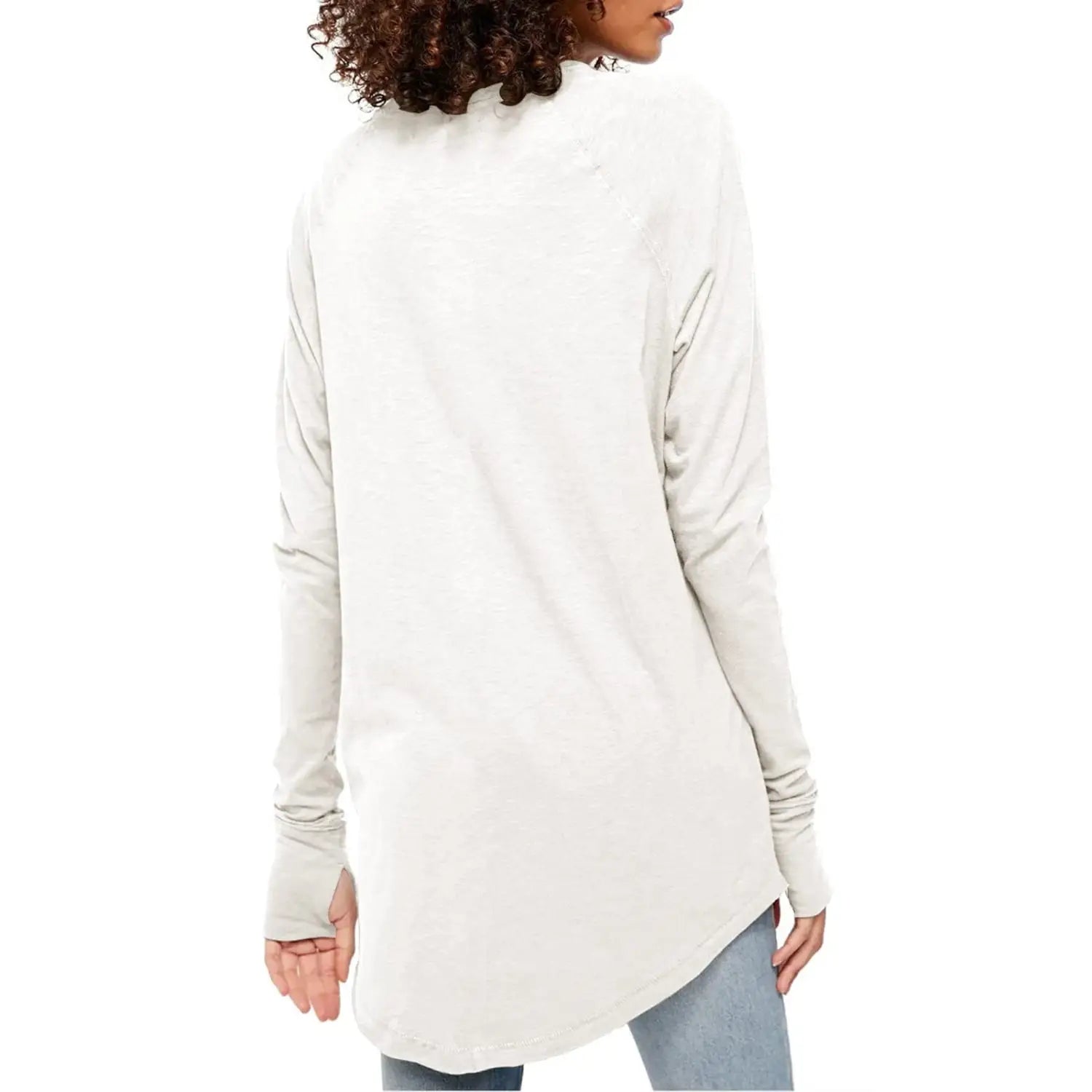 A soft off-white women long sleeve cotton tunic top with a relaxed fit and slightly tapered hem.