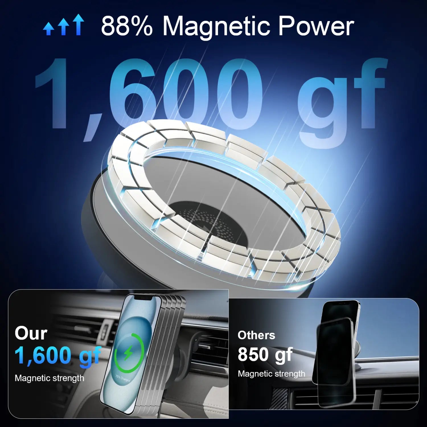 Silver-toned ring-shaped magnetic phone mount with a segmented design and sleek metallic finish for fast charging car wireless use in a 15w wireless charger.