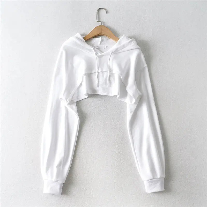 Women's Cropped Hooded Sweatshirt Solid Color Long Sleeve Front Hollow Out Short Hoodies Sweater Spring Autumn Streetwear