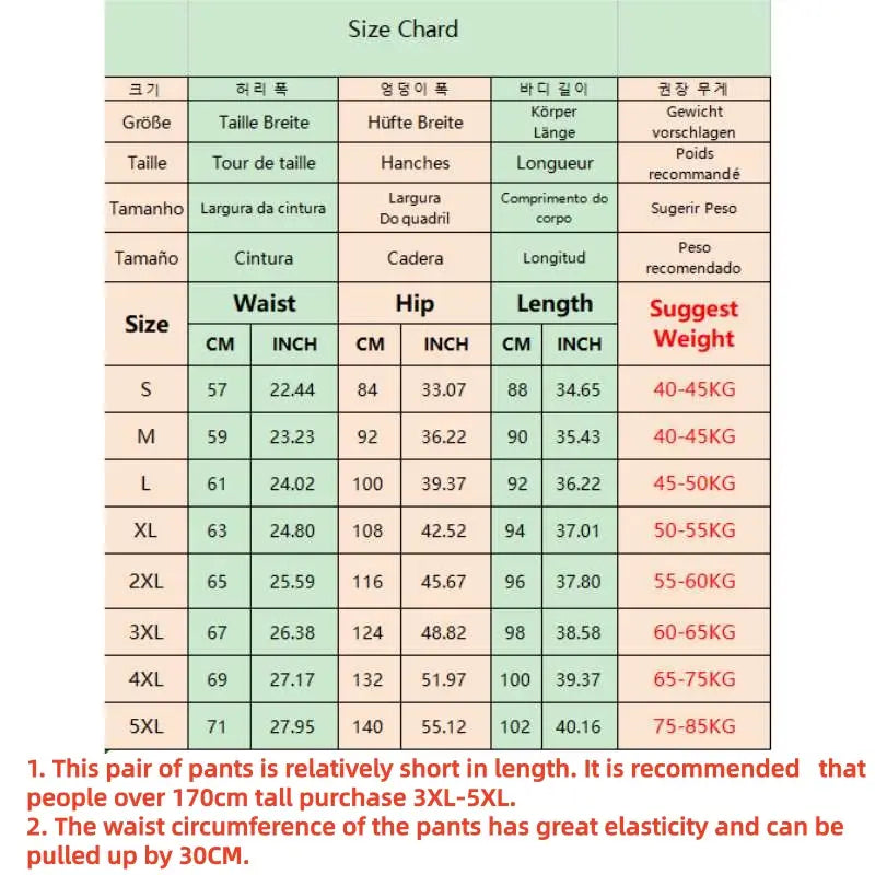 Tableau des tailles pour pantalons cargo pour hommes avec plusieurs poches, cordon de serrage, sweatpants décontractés, affiché en plusieurs langues avec des mesures et des plages de poids recommandées par taille.