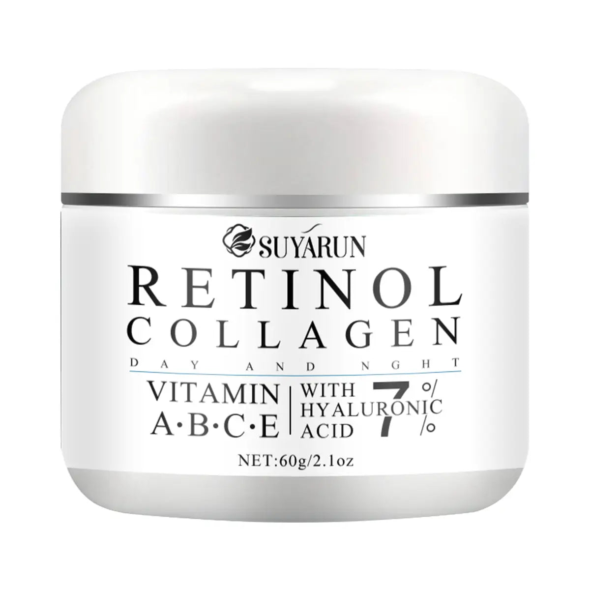 Frasco de cerámica blanco con banda plateada y etiqueta de texto negro para la crema de día y noche de retinol y colágeno de Suyarun, que incorpora manteca de karité para un cuidado de la piel delicada