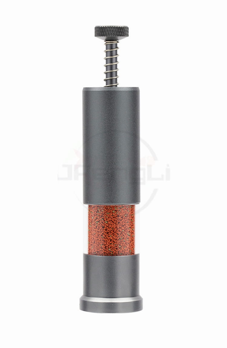 gray cylindrical feeder mini aquarium accessories pepper mill with transparent section revealing red peppercorns and textured top knob for small fish food dispensing