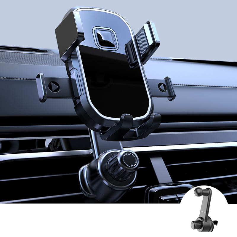 Soporte para teléfono de coche metálico negro y plata con abrazaderas ajustables y gancho para montaje en la salida de aire, para una sujeción segura