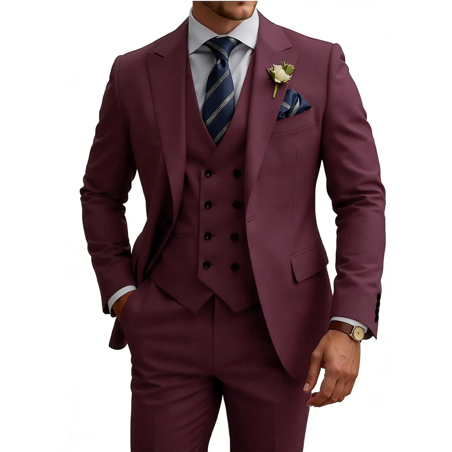 Costume trois pièces en coupe croisée double boutonnage bordeaux, taillé, comprenant une veste, un gilet assorti et un pantalon, adapté aux occasions formelles