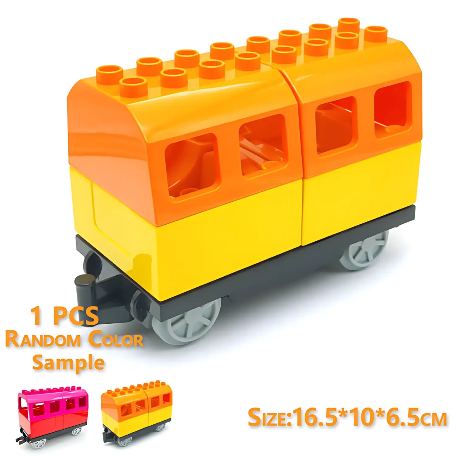 Bright orange and yellow building blocks duplo compatible train car toy with gray plastic wheels designed for construction play.