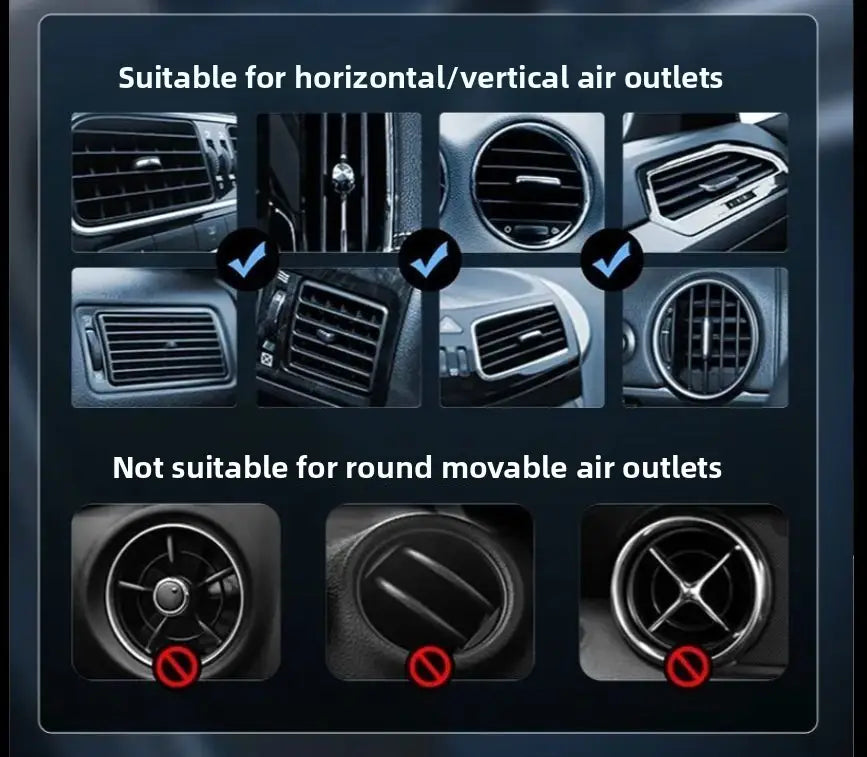 Black and silver gravity car phone holder air vent mount showcasing a car air vent cover designed for horizontal or vertical outlets.