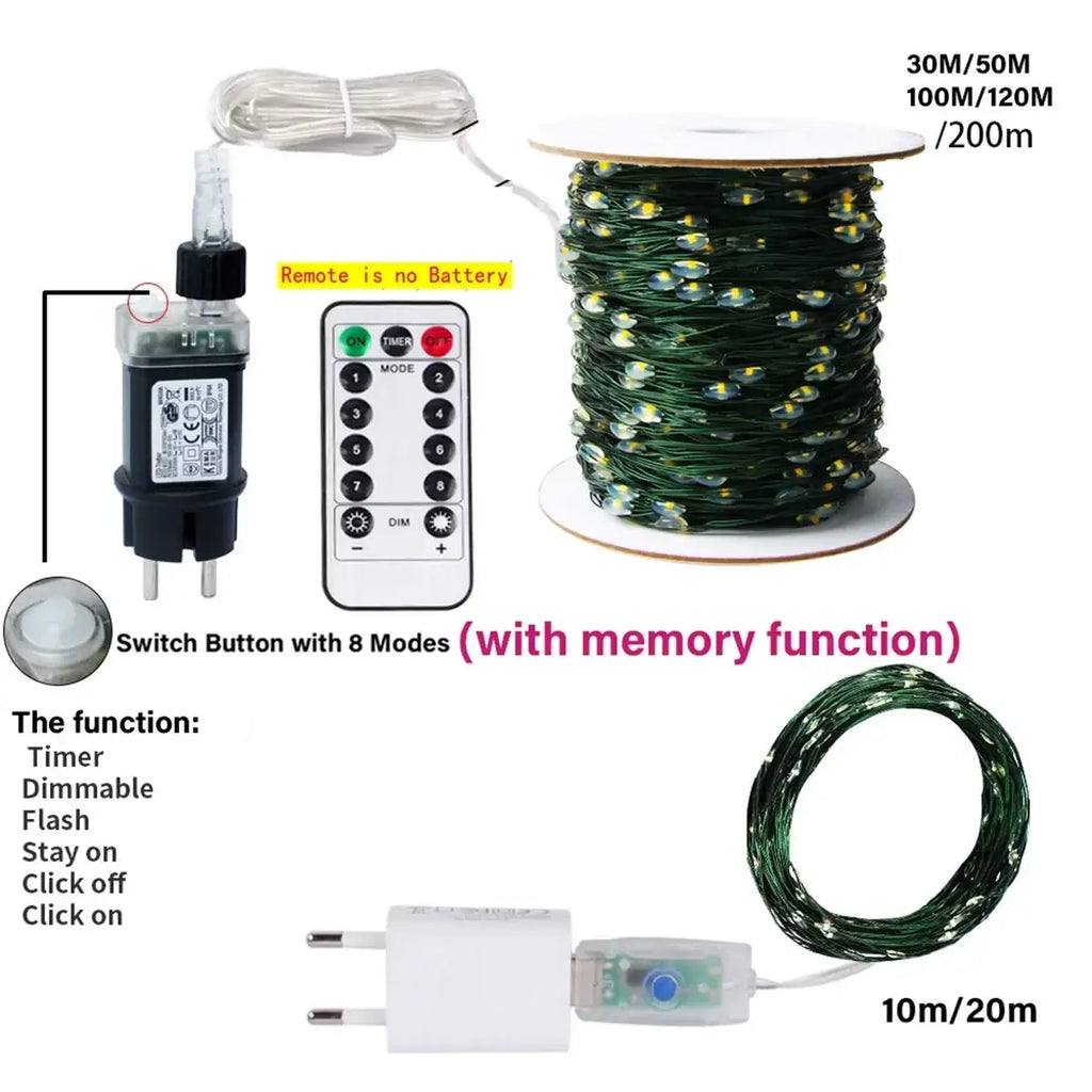 Green copper wire led string lights with small bulbs bundled on spools with remote control and power adapter visible