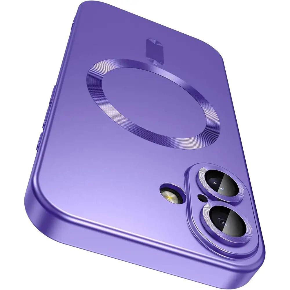 Étui de téléphone en silicone magnétique Magsafe violet pour iPhone, présenté de dos, avec un anneau de chargement circulaire et une découpe pour double caméra.
