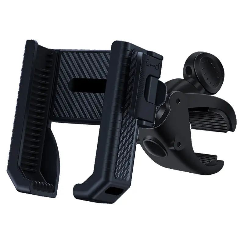 Soporte para teléfono de bicicleta con patrón de fibra de carbono en color negro, con abrazadera ajustable y cabeza giratoria para soporte universal de GPS para manillar.