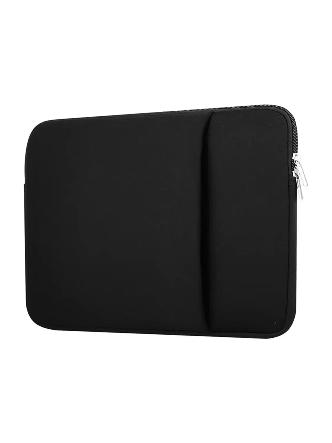 Multifunktionale schwarze Neopren-Laptoptasche mit silbernem Reißverschluss und vertikaler Naht auf dem Vorderpaneel, geeignet für Laptops von 11 bis 17 Zoll.