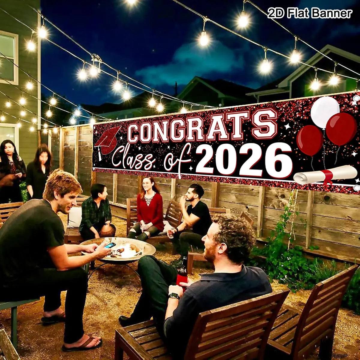 Banner de graduación rojo y blanco con brillo, clase de 2026, suministros para fiesta, con globos y gráficos de diploma para eventos de celebración.