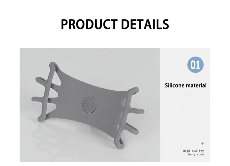 Soporte universal para teléfono de bicicleta de silicona gris con muesca circular central y cuatro lengüetas curvadas simétricas en cada lado