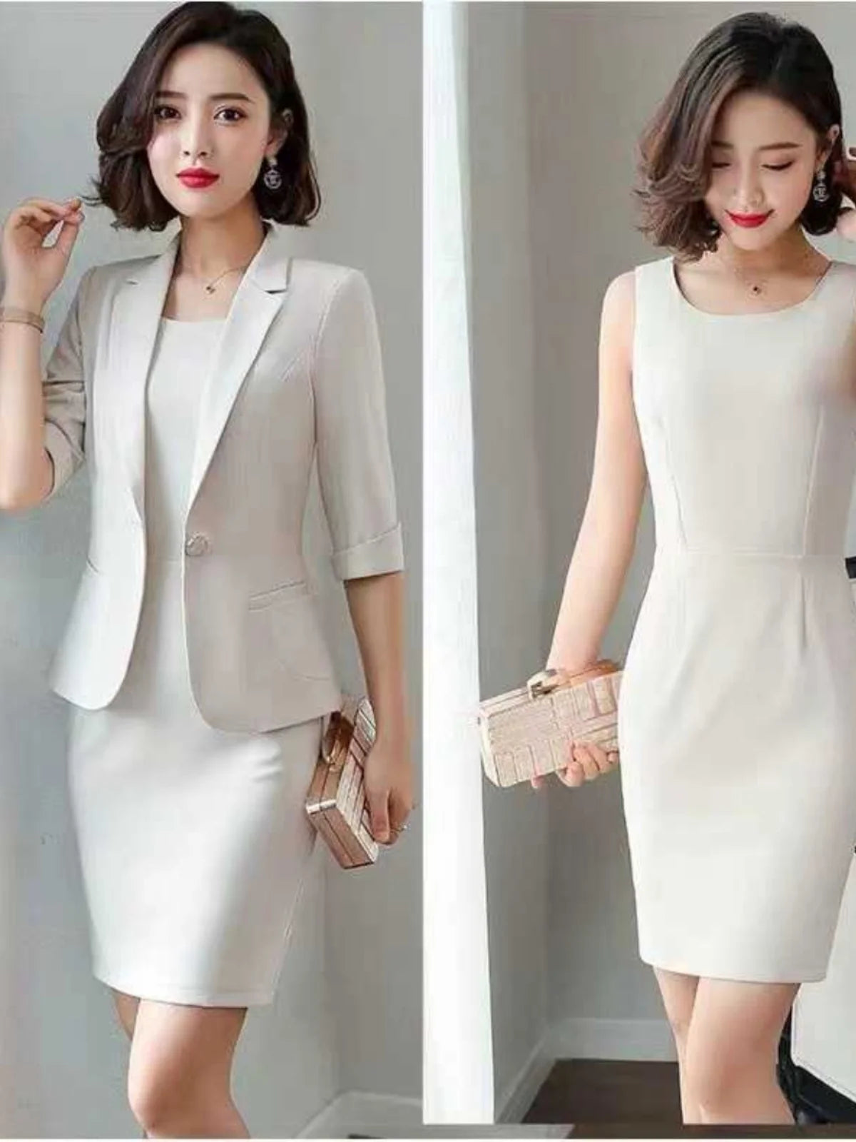plus Size Professional Suit Dress Korean Style High Waist Slim Fit Workwear Two Piece Set Spring Autumn Seasonal Fashion