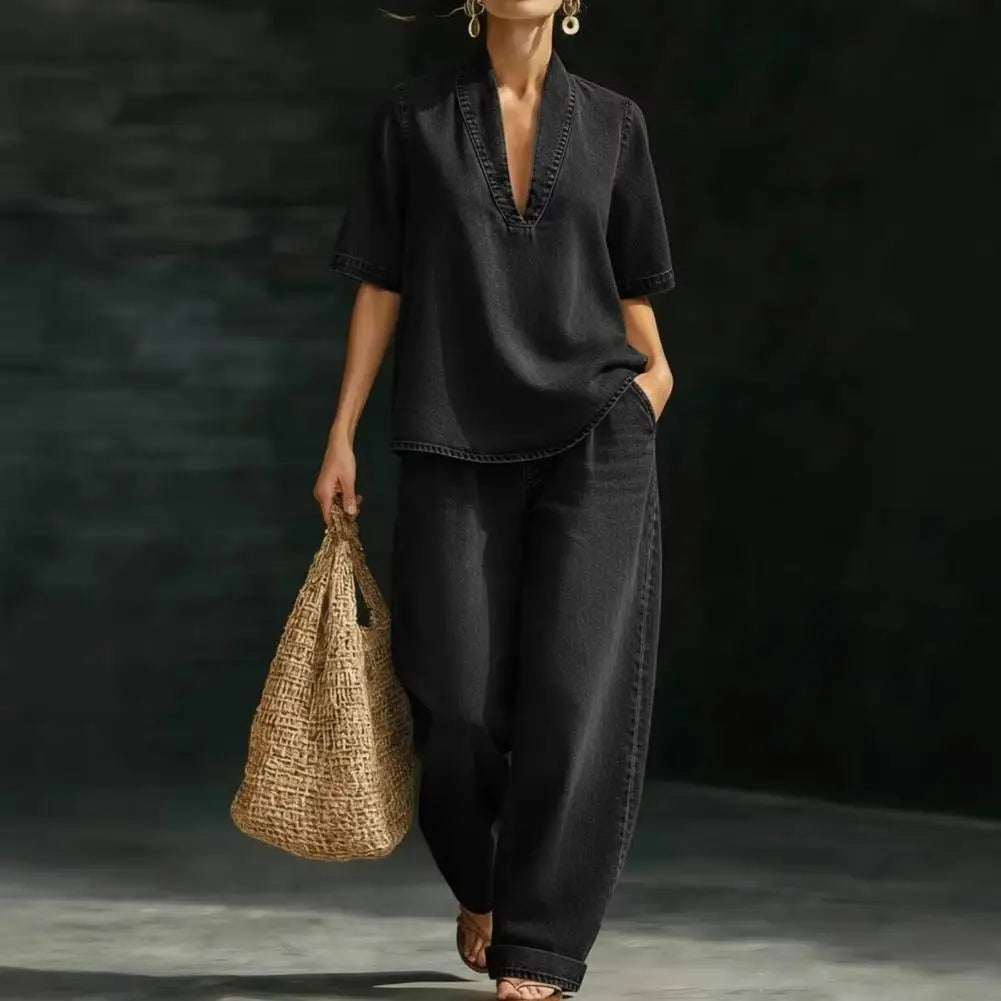 Women's 2 Piece Denim Outfit Summer Short Sleeve V Neck Lapel Top Wide Leg Pants With Pockets Casual Vacation Sets