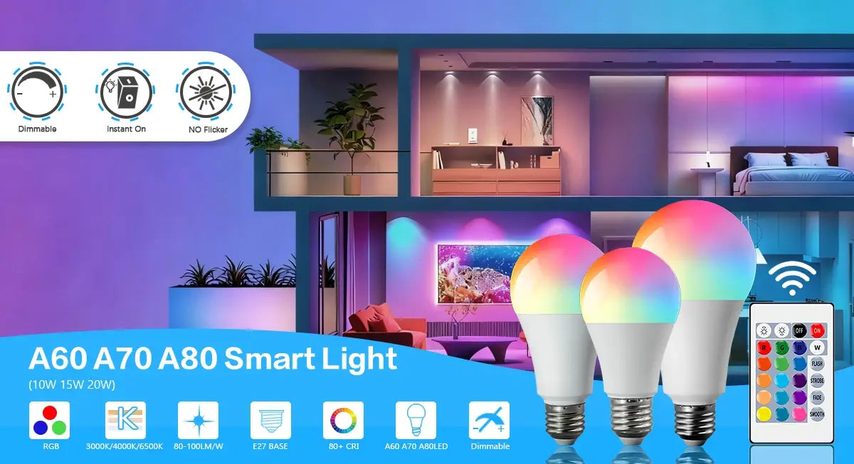 White a60 a70 and a80 smart led bulbs with colorful rgb lighting effects featured in a led bulb rgbw dimmable color changing spotlight.