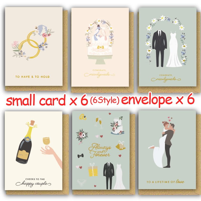 Ensemble de six petites cartes de vœux pour mariage, sur le thème du mariage, avec des illustrations sur des fonds crème et aux tons pastel doux, chacune accompagnée d’une enveloppe en kraft assortie.