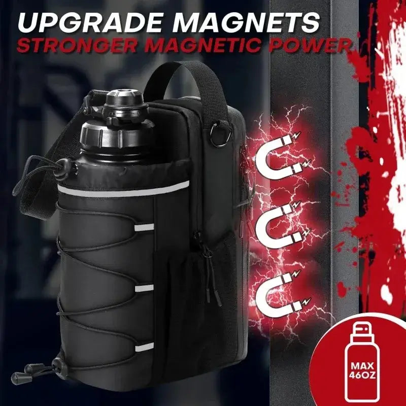 black magnetic gym bottle bag with strap featuring a sleek durable design and reinforced straps for secure grip