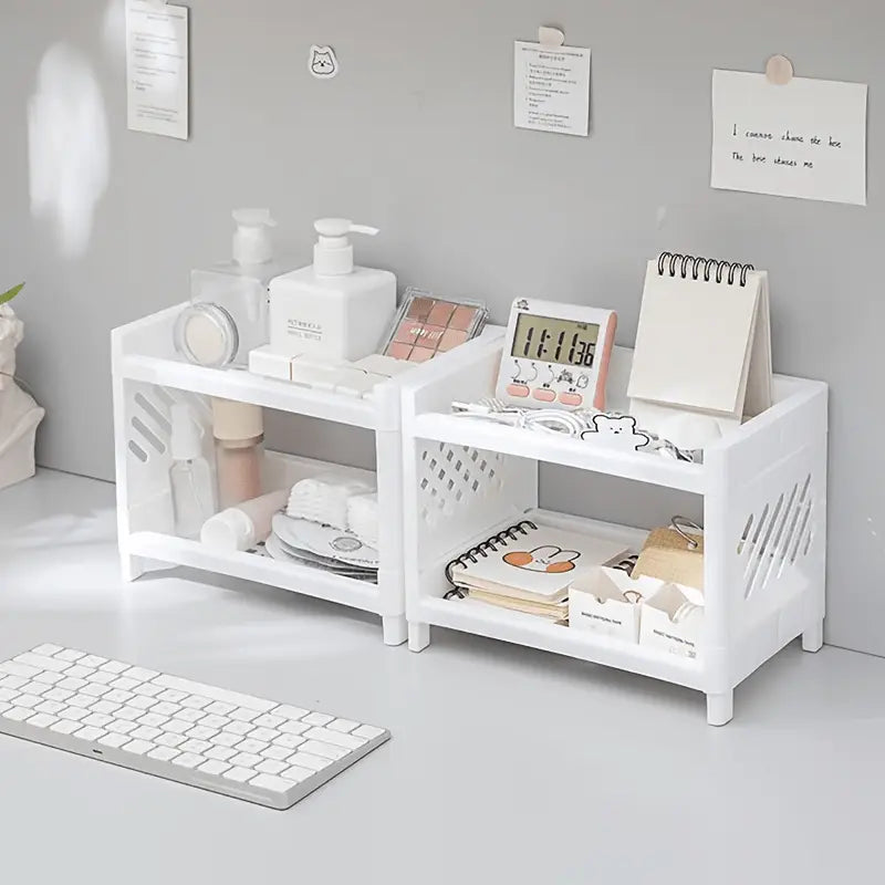 white plastic two-tier desk organizer with lattice-patterned side panels for office supply storage
