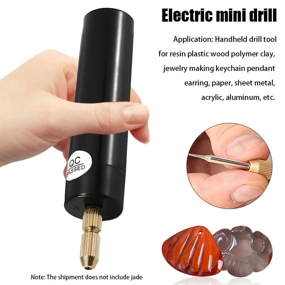 Black USB mini electric drill with gold-colored chuck and bit designed for precision drilling in resin, plastic, wood, polymer clay, and other craft materials.