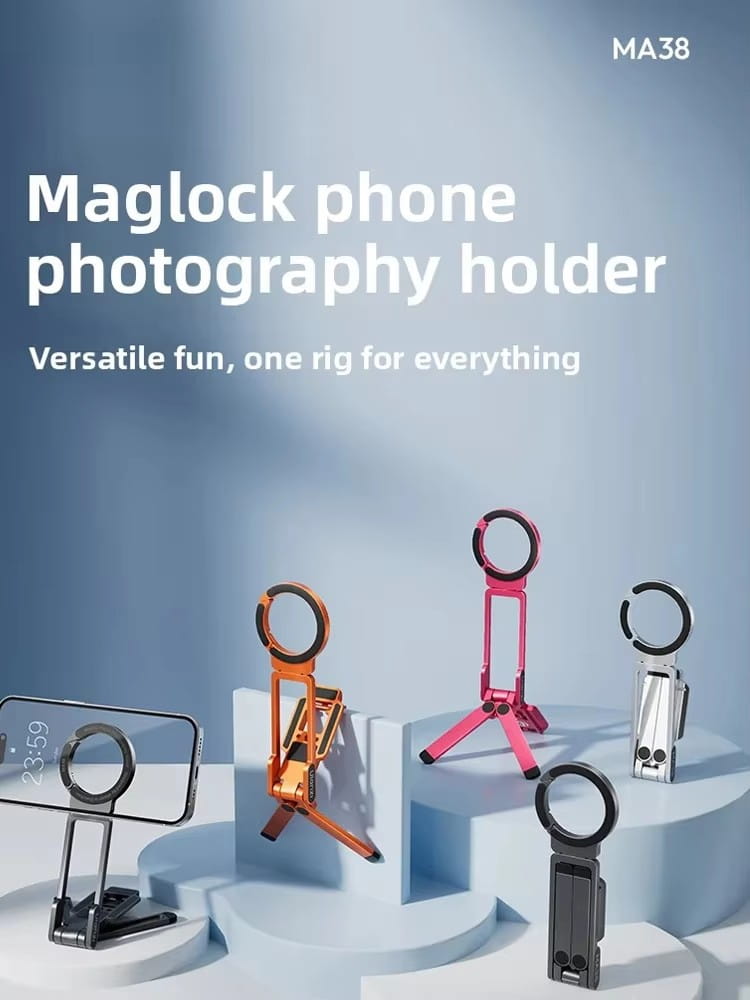 Der Maglock-MA38-Handyhalter für die Fotografie ist ein eleganter orangefarbener faltbarer Metallständer mit magnetischen Klemmen und verstellbaren Beinen für eine stabile Ablage.