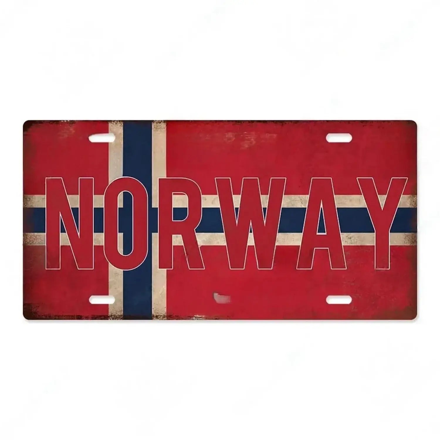 Vintage-style red metal license plate featuring the Norwegian flag and bold Norway lettering as wall decor in the India Flag Metal License Plate Vintage Wall Decor collection.