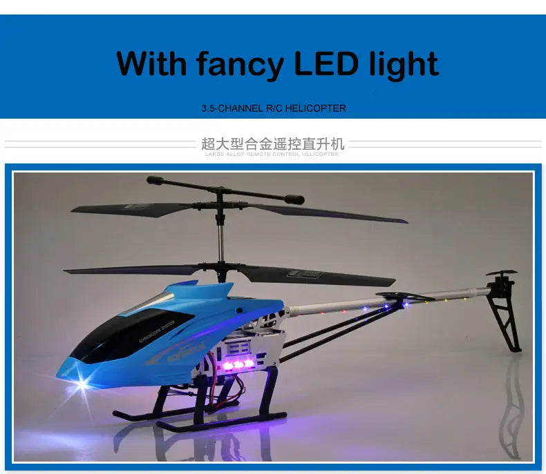 Helicóptero teledirigido azul y negro con luces LED y batería de litio de 80 cm, diseñado para un tiempo de vuelo prolongado y un tiempo de carga eficiente.