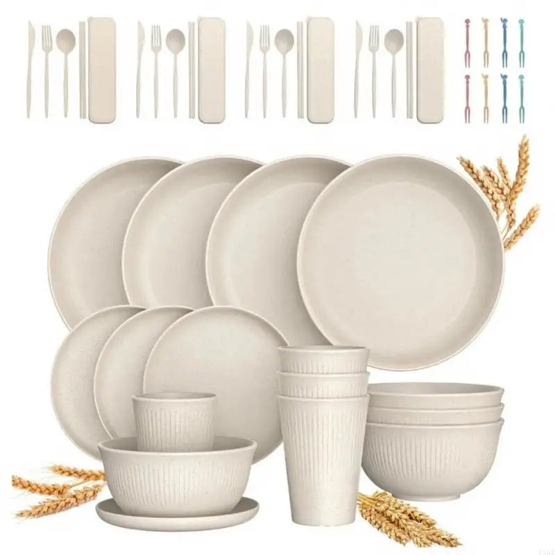 Plastic dinnerware set with ribbed bowls cups for kitchen meals KXRE