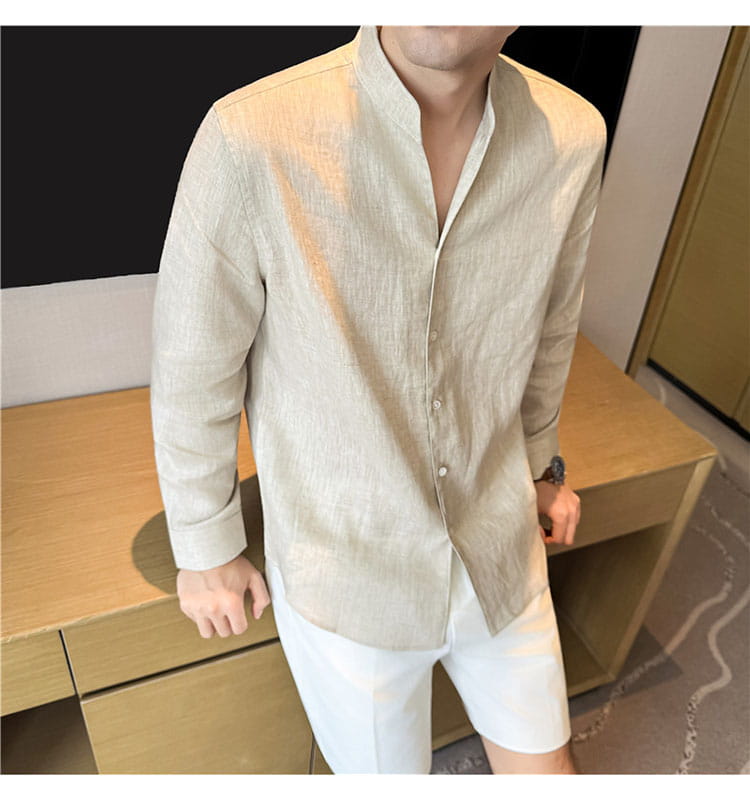 Beige linen men’s button-up shirt with mandarin collar suitable for casual and formal wear.