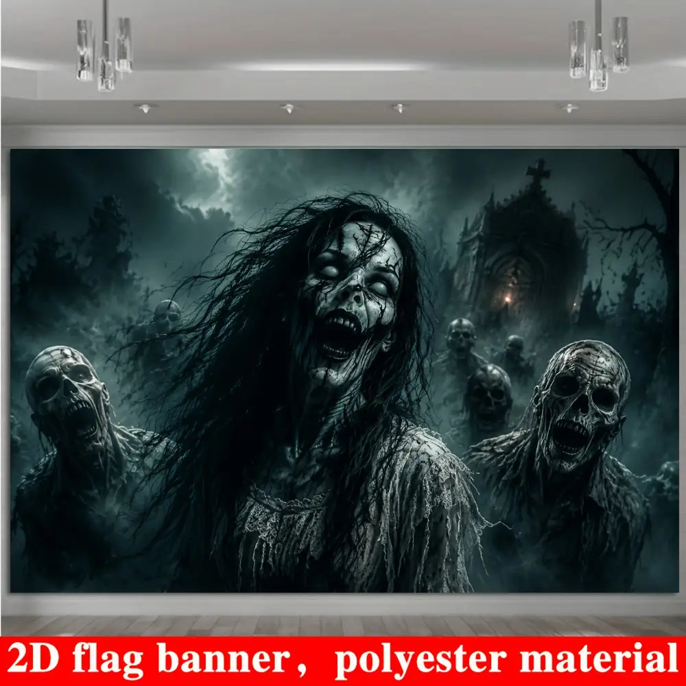 Bandera de Halloween de cementerio de zombis 2D de poliéster en verde oscuro y negro, que representa una escena de terror con zombis.
