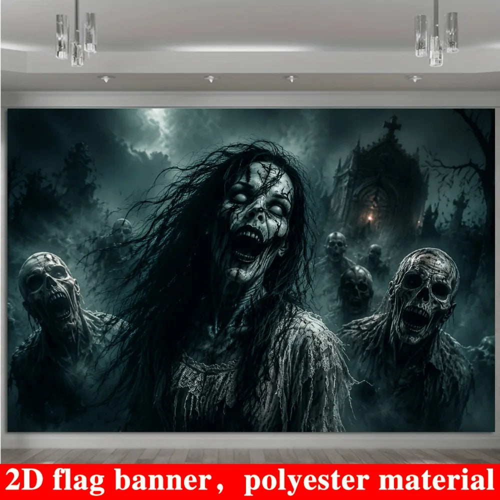 Halloween zombie-themed background, suitable for theme parties, escape room setups, studio decorations, and outdoor gatherings.