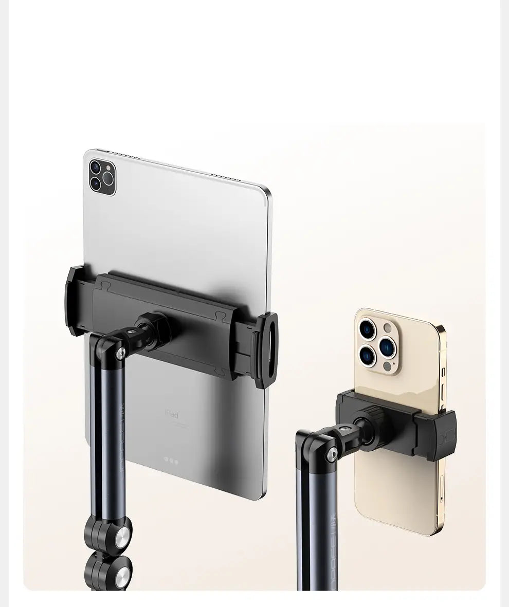 Black aluminum alloy tablet and phone floor stand with adjustable articulated arms for secure positioning.