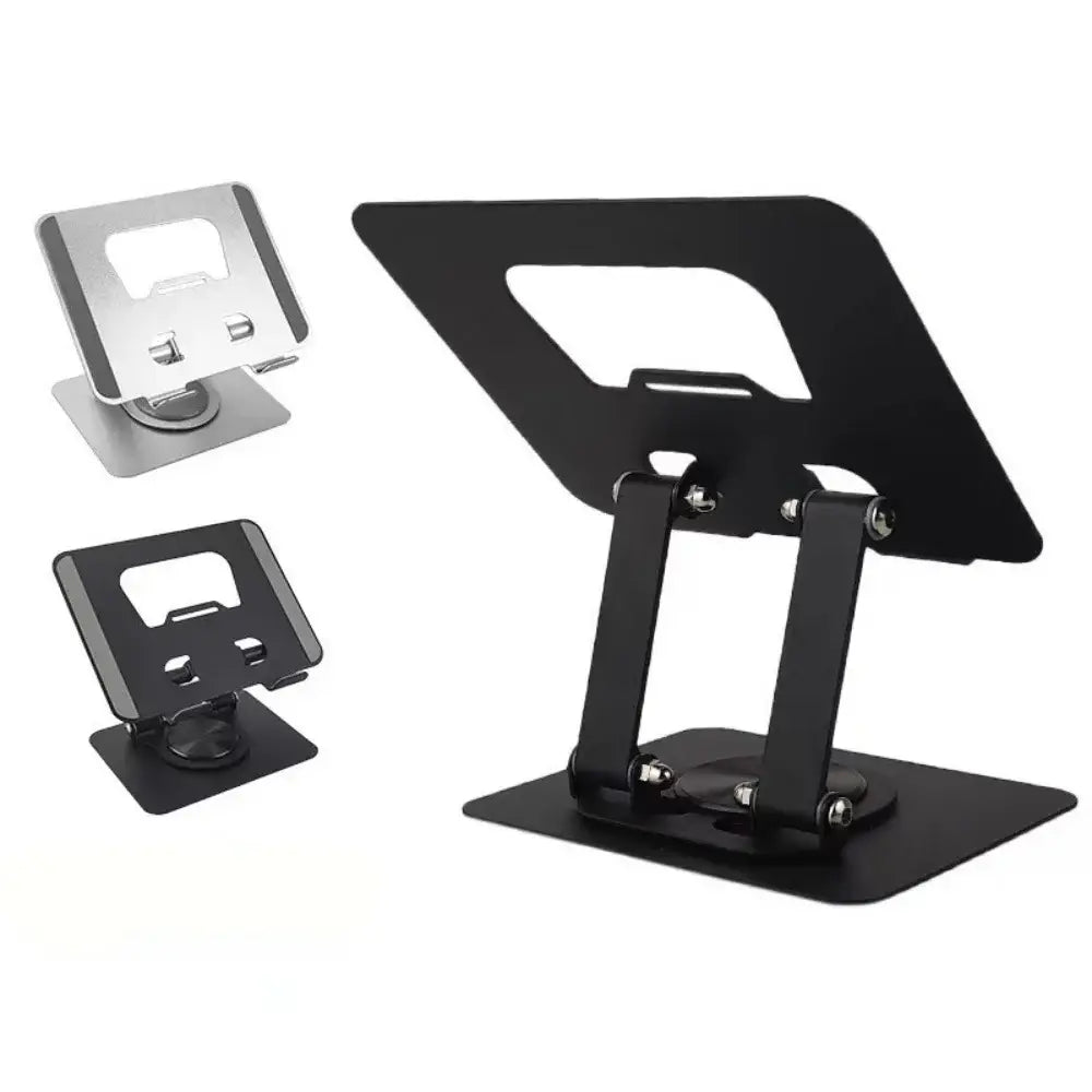 black metal 360° rotatable tablet and laptop stand with a sleek minimalist design and adjustable angle for optimal viewing